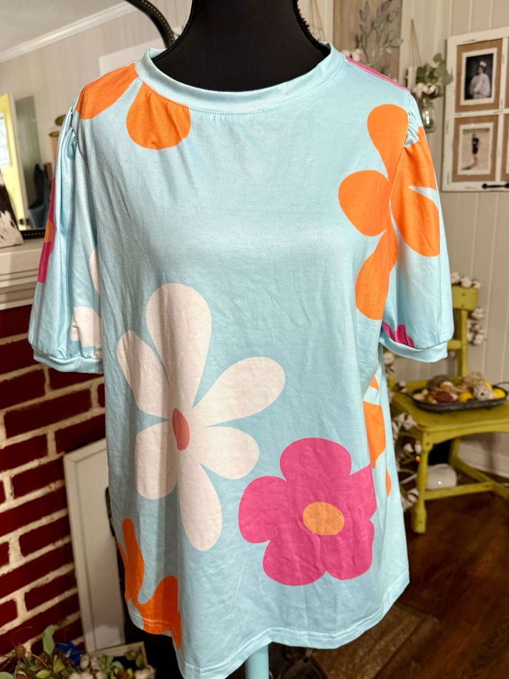 Pinkโ Lily Light Blue Tee with Pink, Orange & White Floral Print